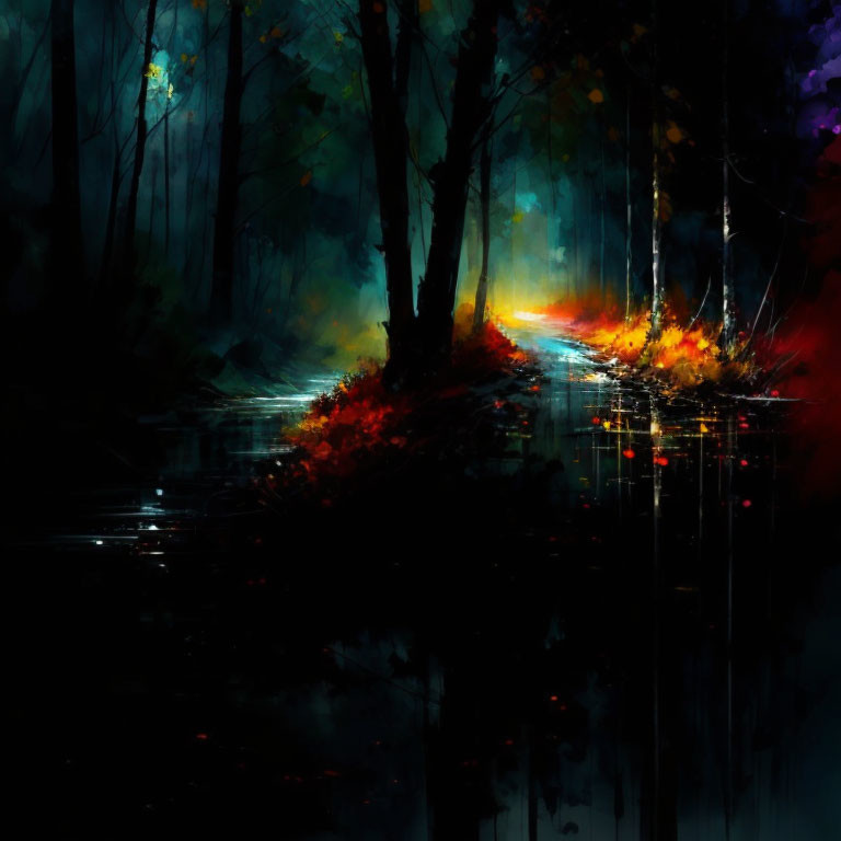 Colorful mystical forest digital painting with water reflections.