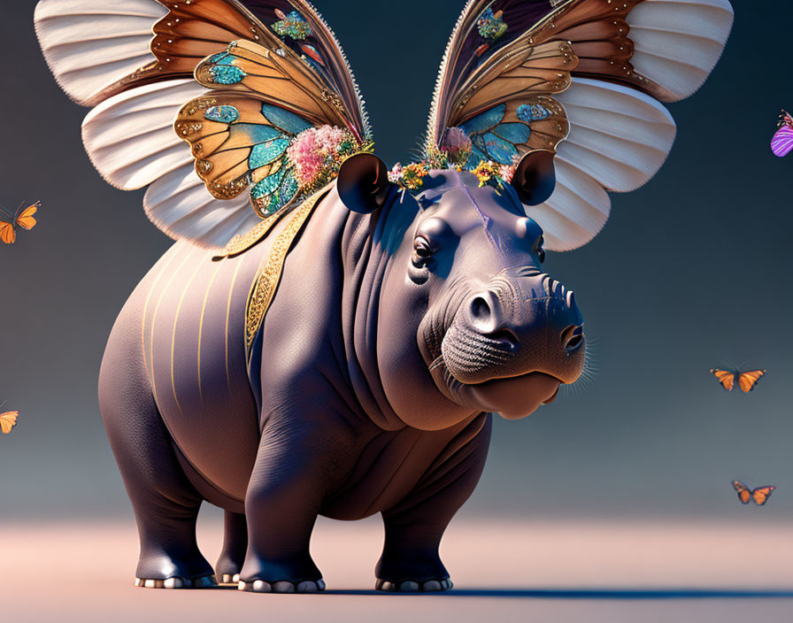 Digital artwork: Hippopotamus with butterfly wings and flowers on soft-focus background