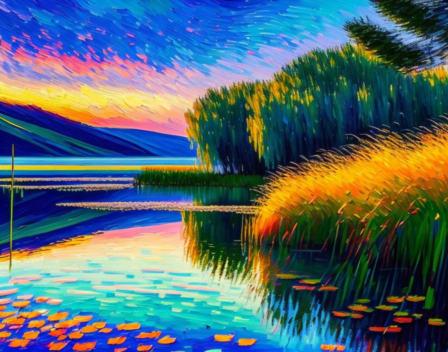 Impressionistic painting of lakeside scene at sunset