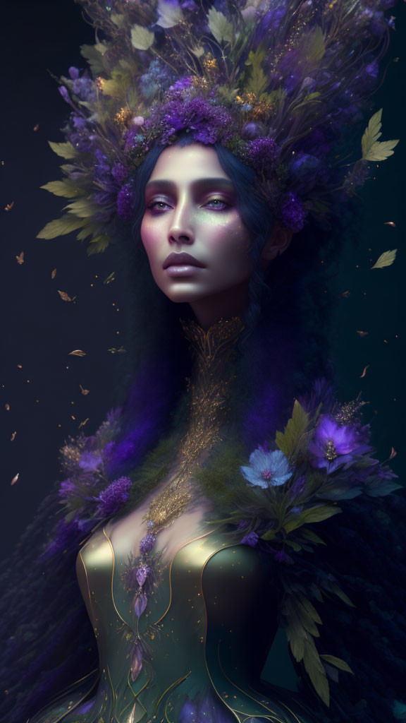 Mystical woman with purple floral headdress in ethereal setting