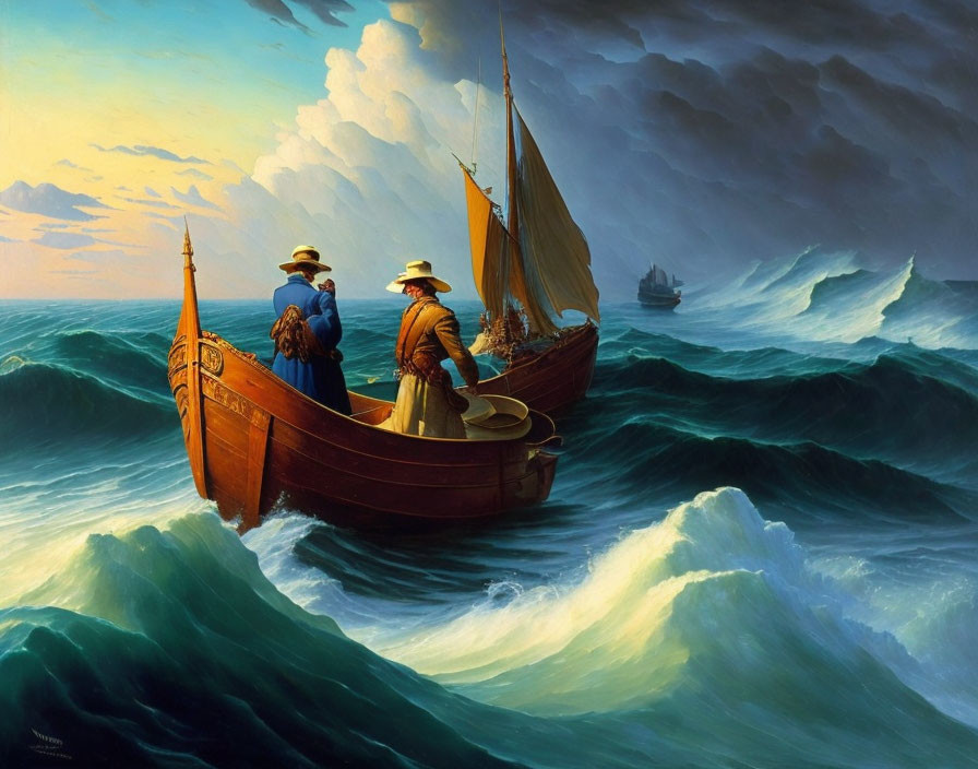 Sailors in small wooden boat amidst turbulent ocean waves and dramatic sky.