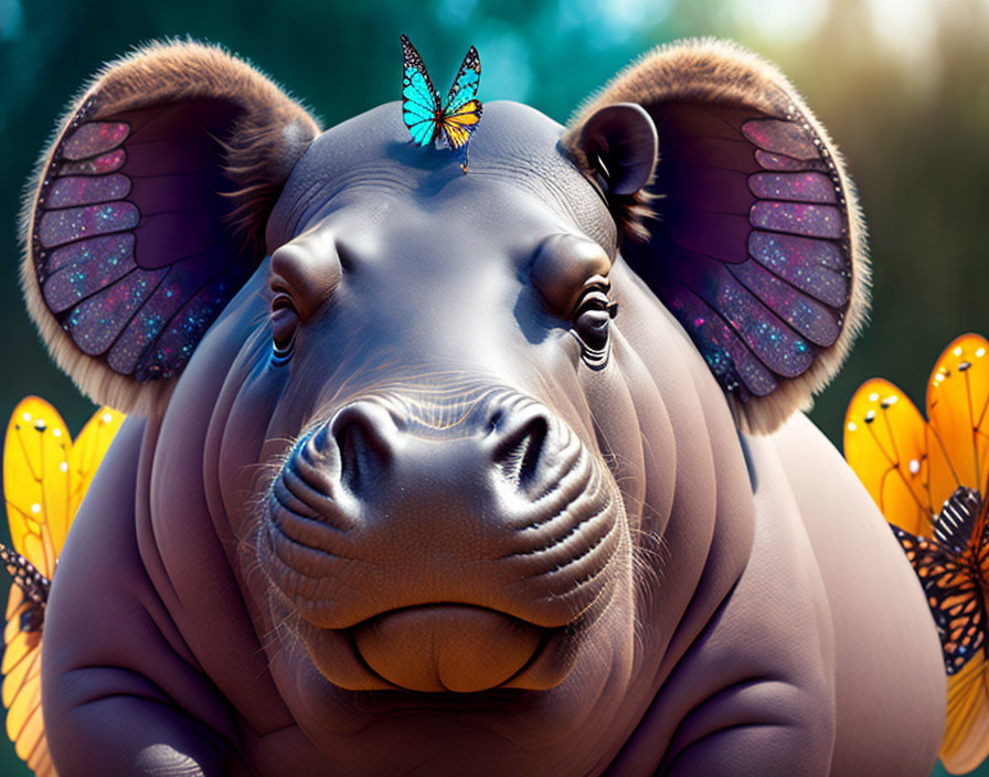 Colorful Digital Art: Friendly Hippopotamus with Sparkling Ears and Orange Butterflies