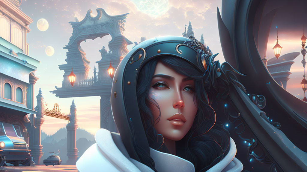 Woman with black helmet in fantasy moonscape