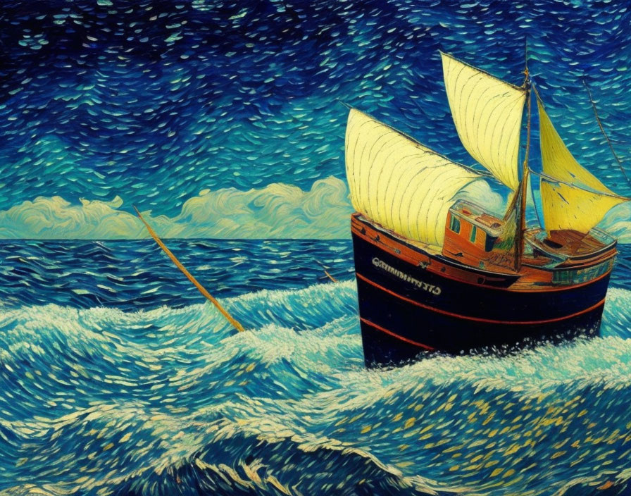 Sailboat painting: Yellow sails on choppy blue sea at night