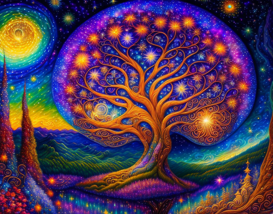 Colorful cosmic tree painting under starry sky with swirling branches.