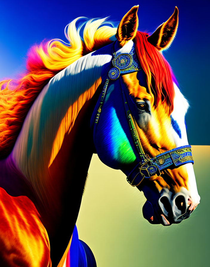 Colorful horse with blue halter on gradient background