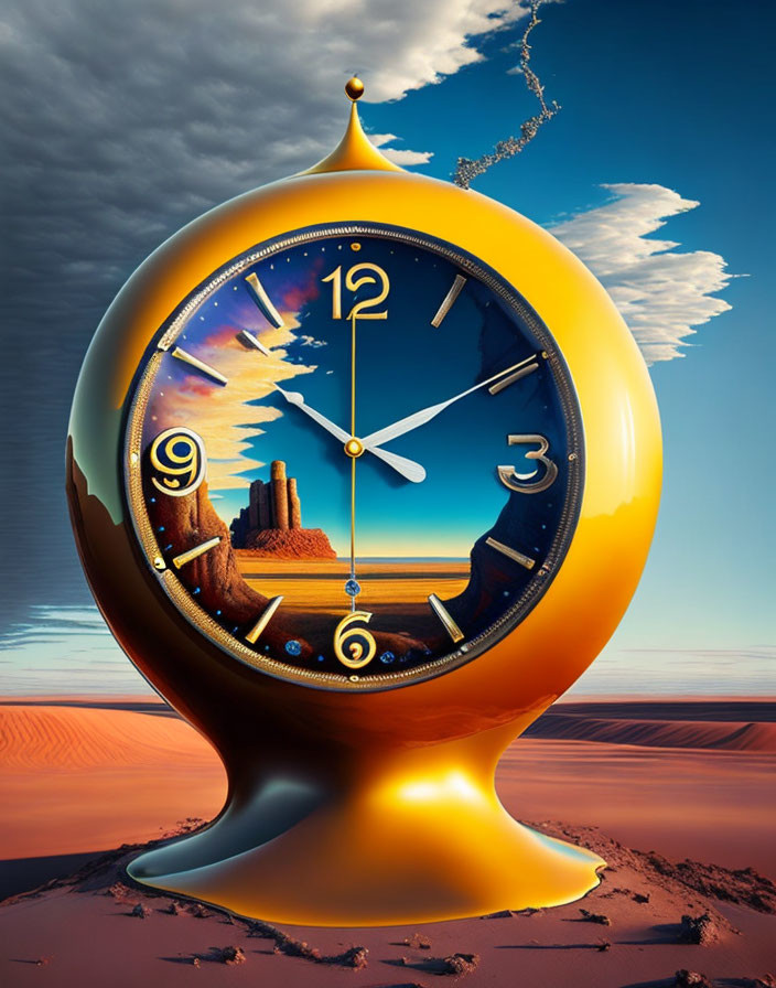 Surreal melting clock in desert sky scene