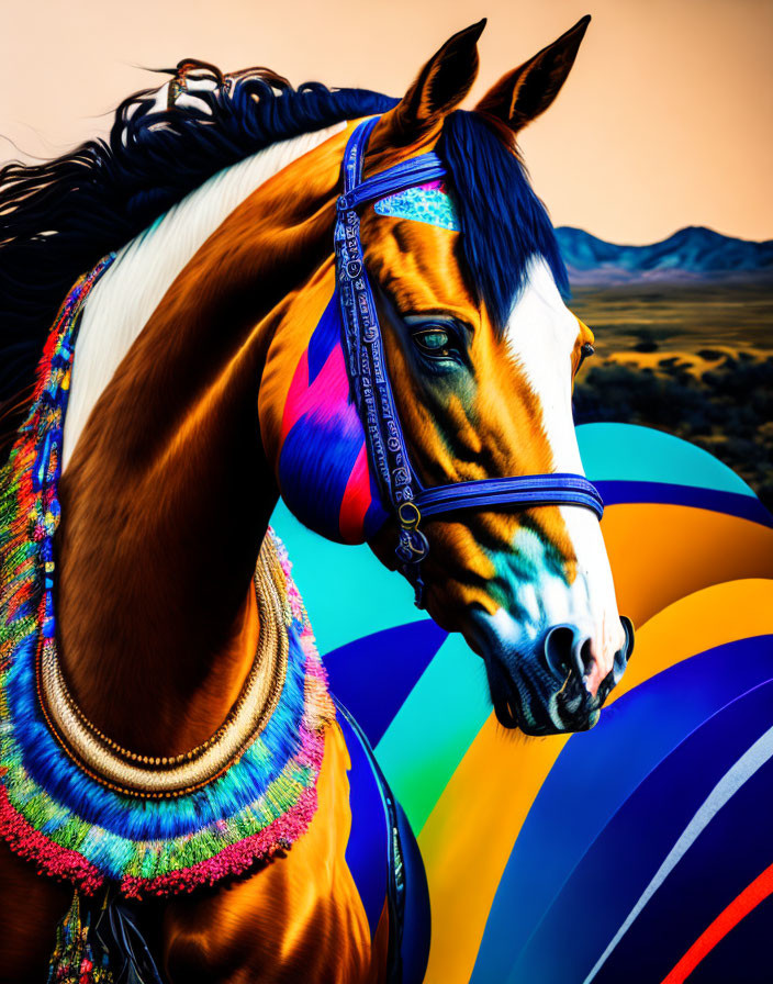 Colorful Mane Horse with Decorative Bridle in Sunset Setting