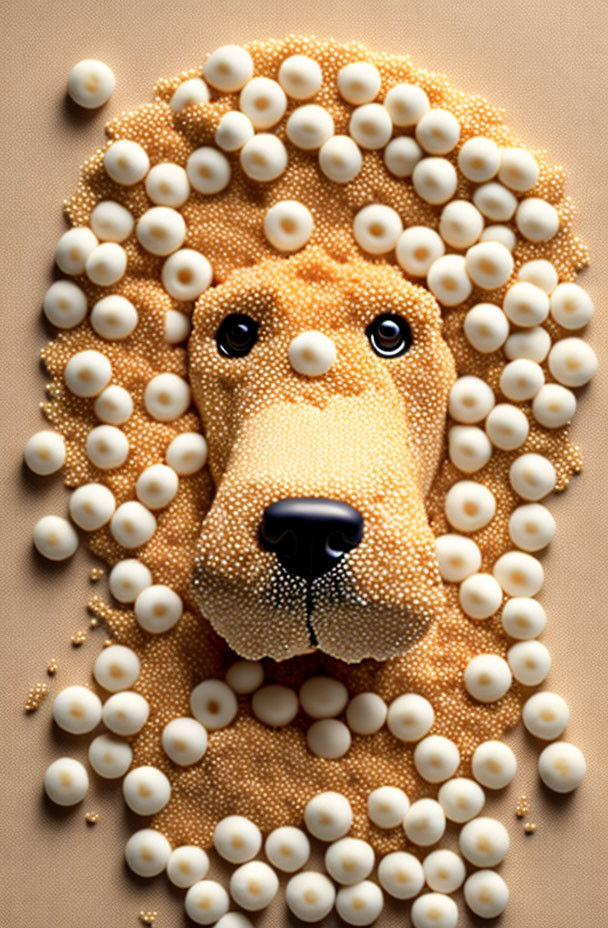 Golden dog face crafted with white beads on beige background