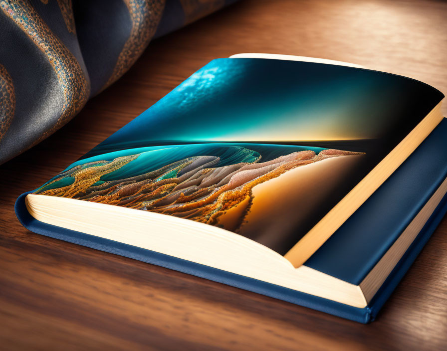 Vibrant landscape illustration in open hardcover book