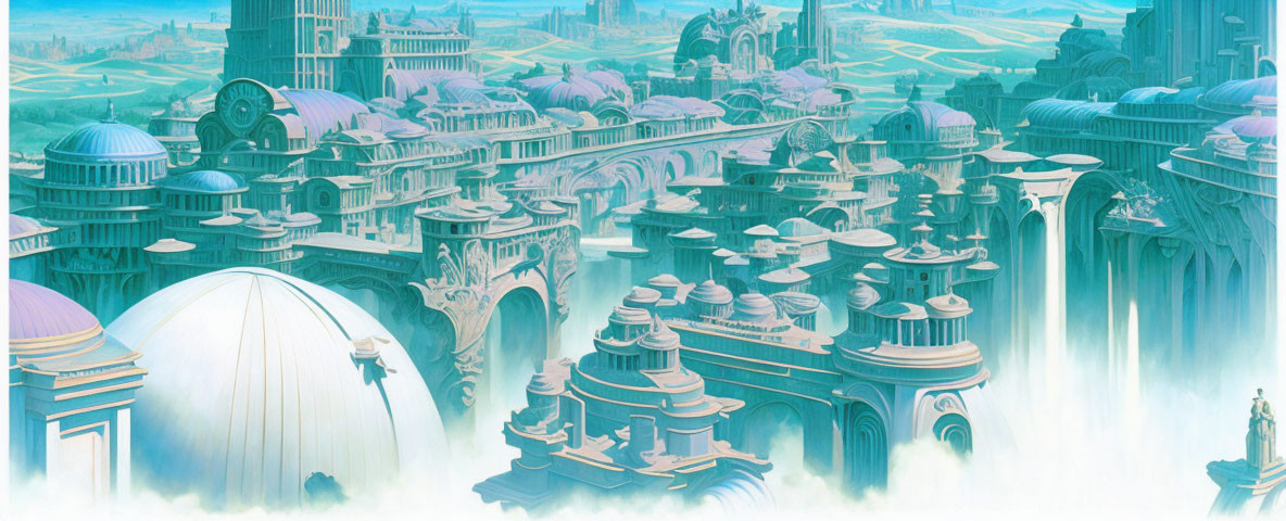 Fantastical city with grand domes and towering spires in misty pastel landscape