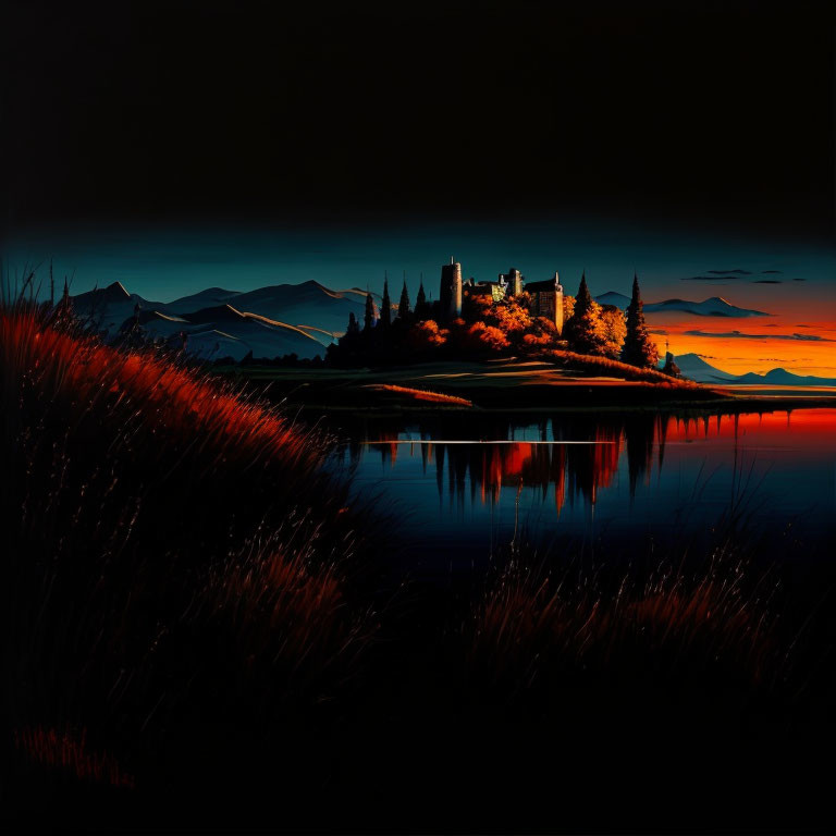 Twilight castle painting: calm lake reflection, mountains, vibrant skies