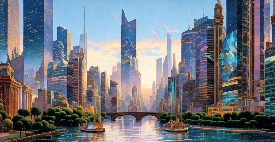 Vibrant futuristic cityscape with skyscrapers, bridge, and flying vehicles.