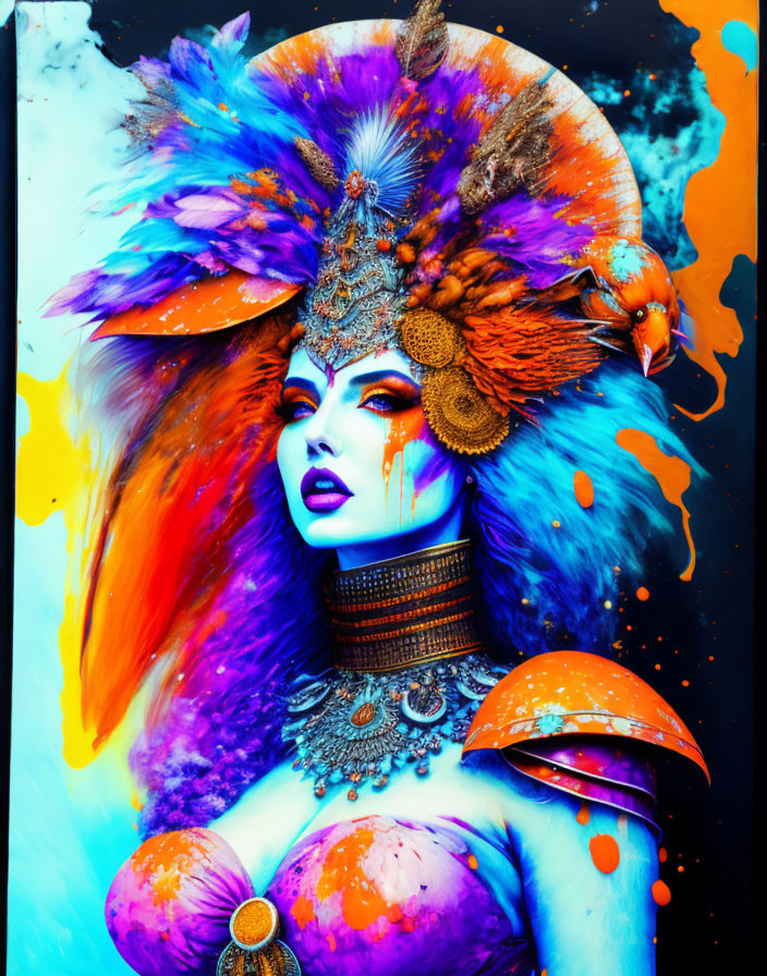 Colorful portrait with blue and orange makeup and feathered headdress on splattered background