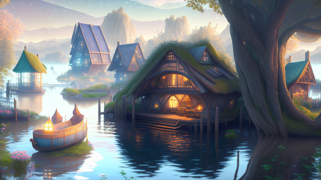 Thatched-roof fantasy village by serene lake at sunset