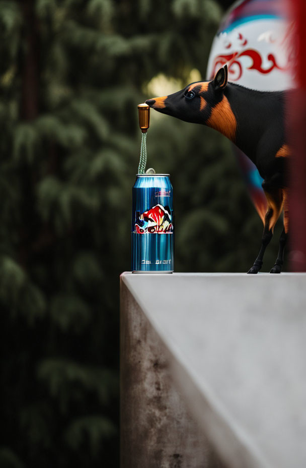 Toy antelope drinking from can with straw in blurred natural background