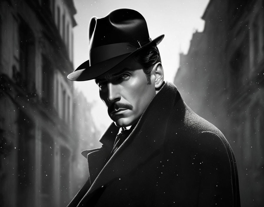 Stylish man in fedora and coat with retro cityscape in monochrome.