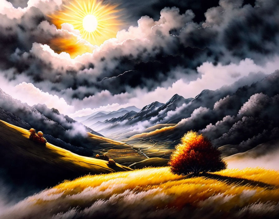 Colorful painting: Sun breaking through clouds over fields with tree and mountains