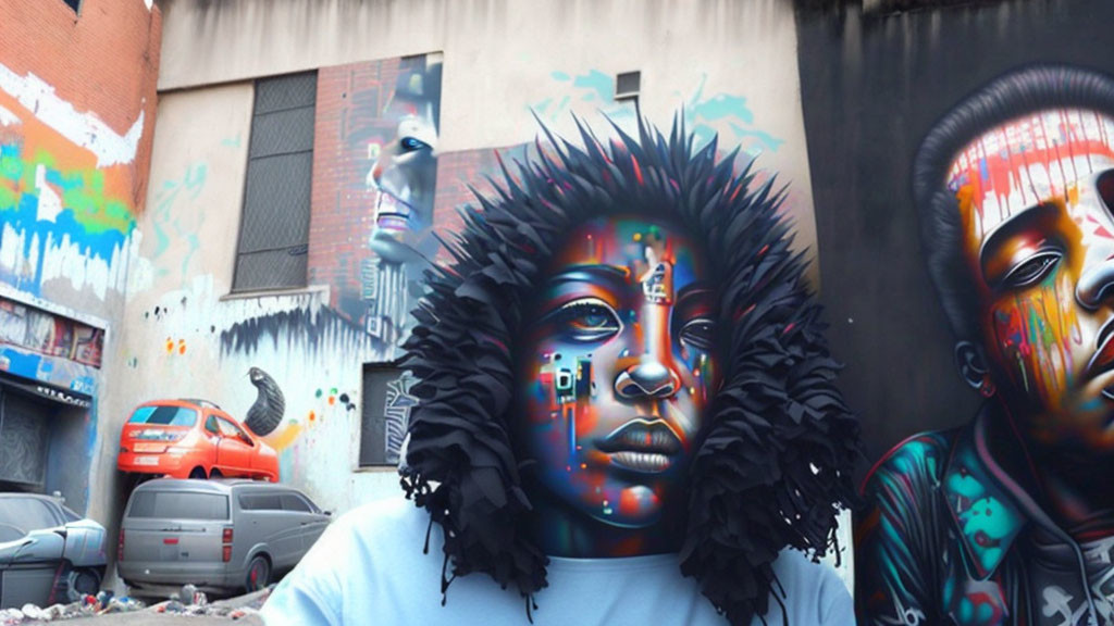 Colorful Futuristic Street Art with Large Faces and Parked Cars