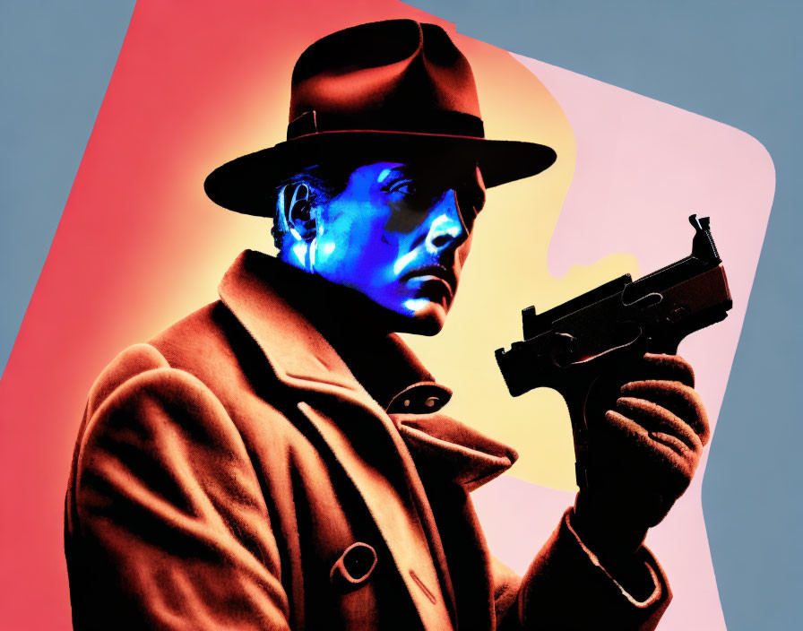 Detective in fedora and trench coat with pistol on blue-orange gradient.