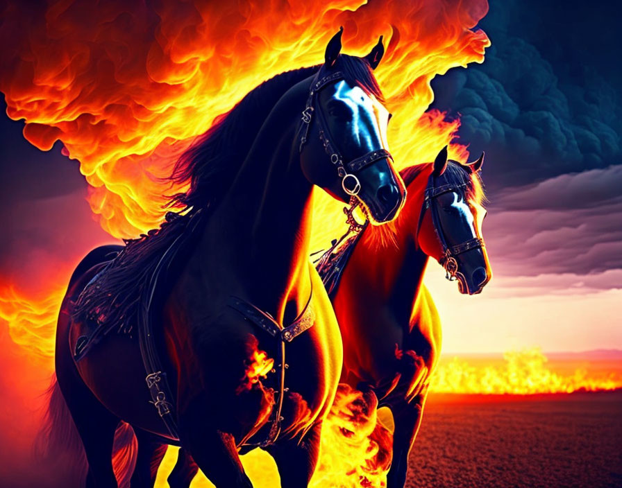 Two Horses in Harness Against Fiery Orange Sky