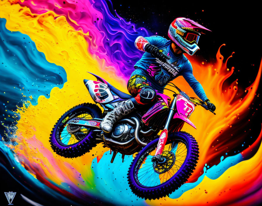 Colorful motocross rider artwork with psychedelic theme and cosmic backdrop