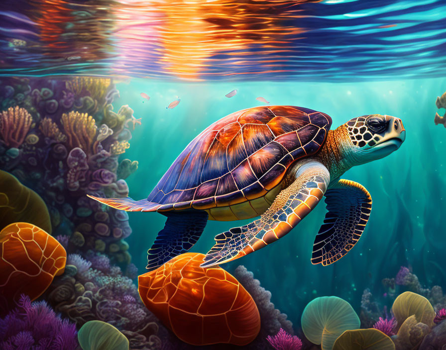 Colorful Underwater Scene: Sea Turtle and Coral Reefs in Sunlight