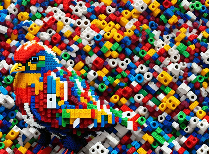 Colorful Lego bird among assorted Lego pieces