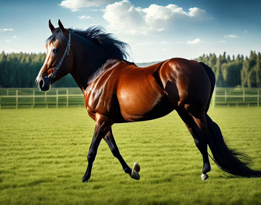 Majestic brown horse galloping in green pasture