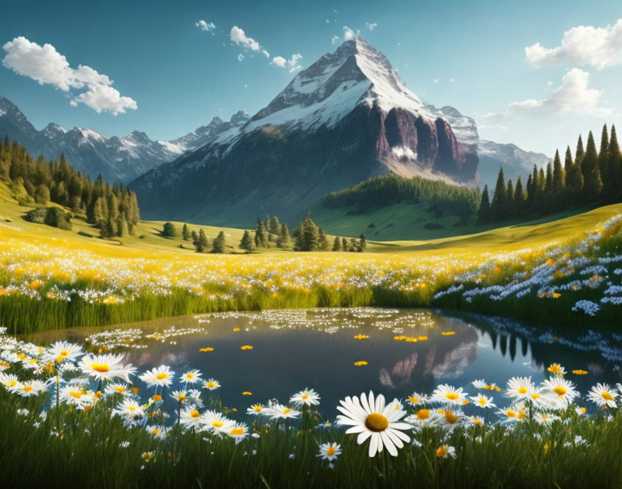 Tranquil mountain landscape with daisies, pond, pine trees, and snowy peak