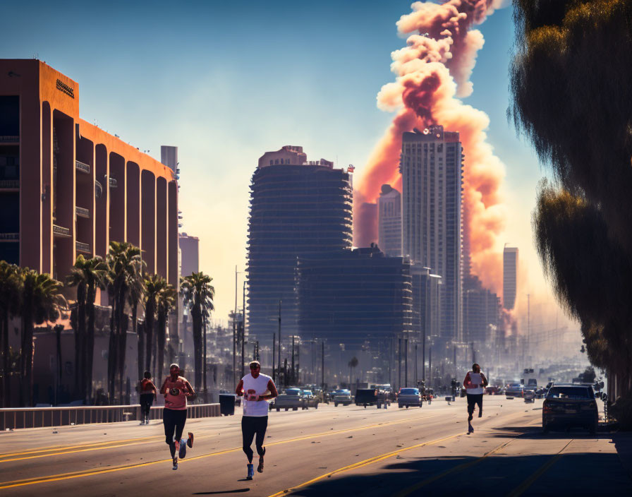 City street runners with smoke plume under clear sky