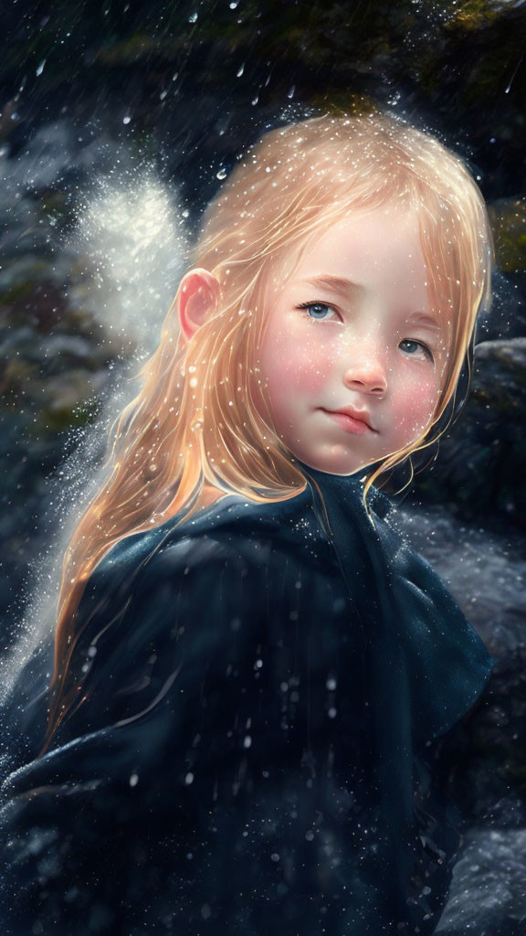 Blonde girl in dark cloak amid falling snowflakes