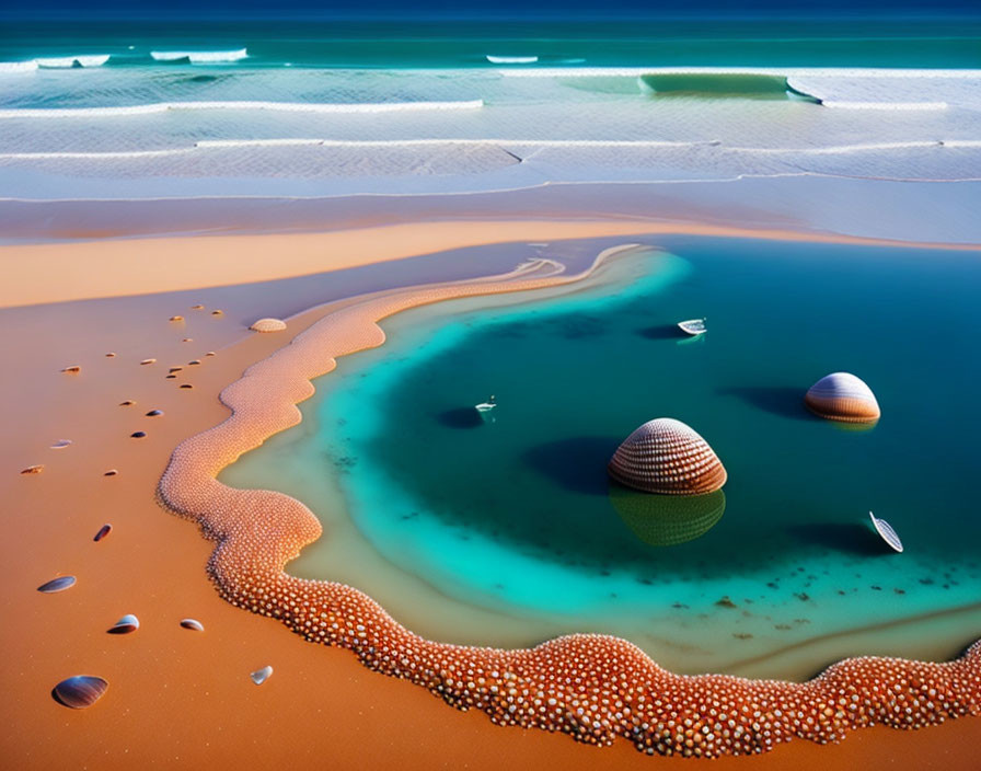 Tranquil Coastal Scene: Turquoise Tide Pool, Orange Sands, White Foam, Patterned Sh