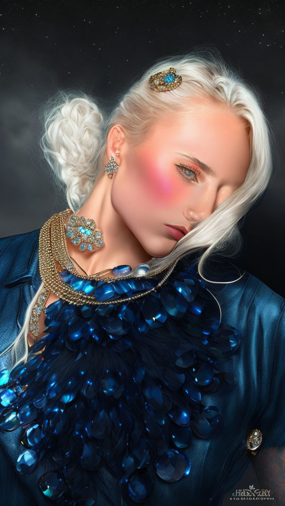 Platinum-haired woman in blue accessories on starry backdrop