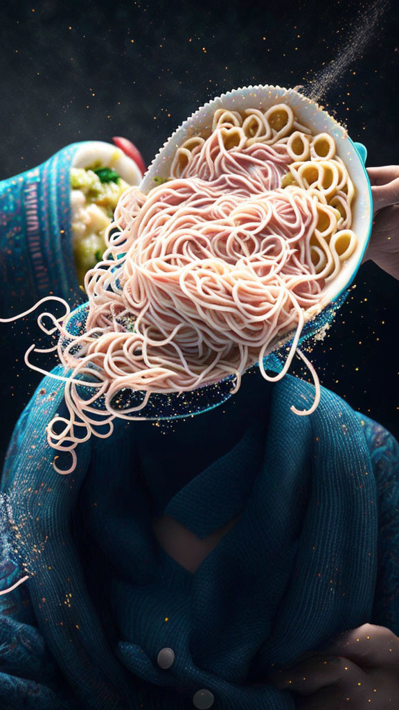 Surreal image: person in blue sweater with flying noodles on starry background