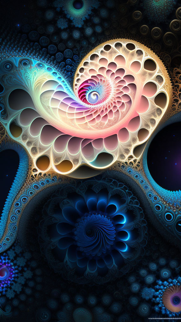 Vibrant blue, orange, and white fractal art on dark background