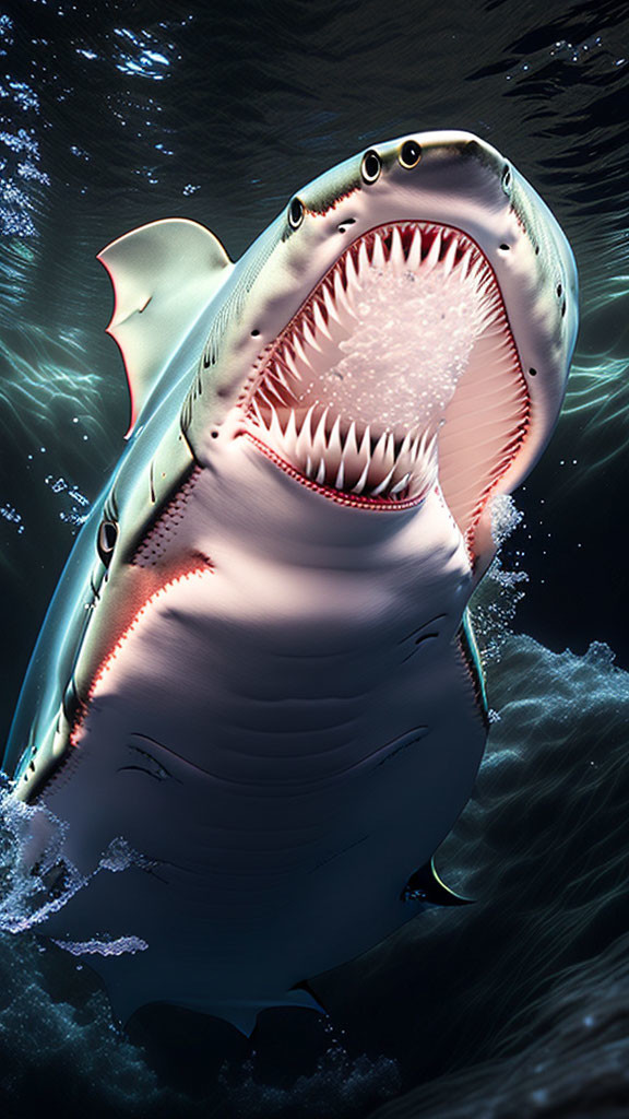 Menacing shark with open mouth in dark ocean waters