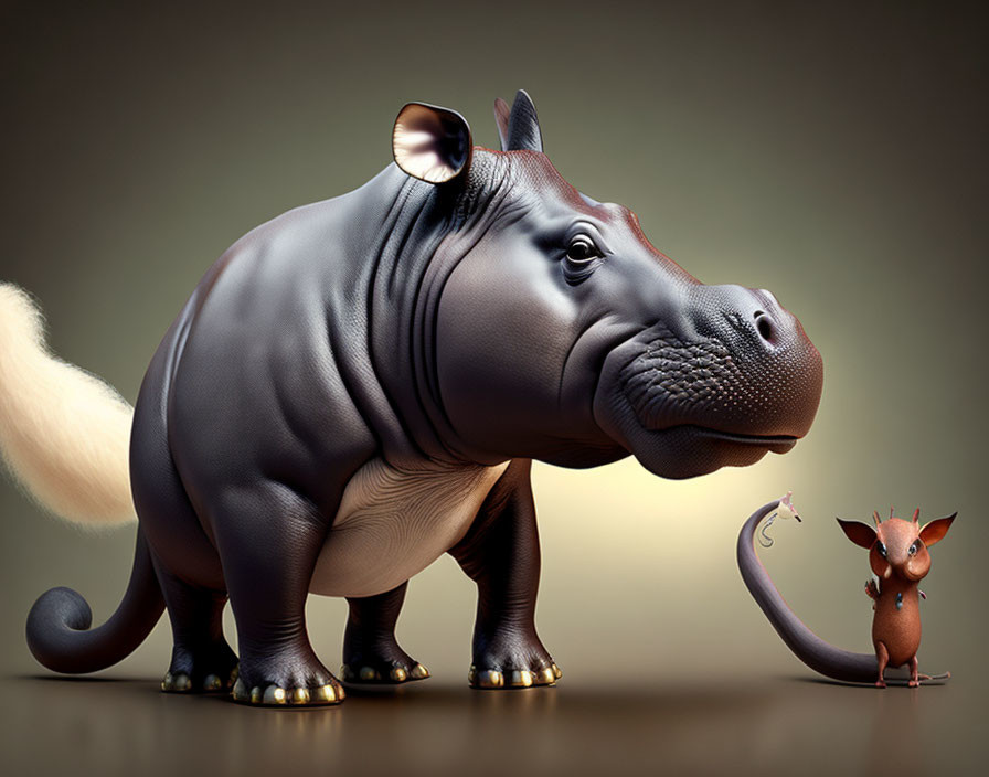 Stylized image of large animated hippo with shiny hooves and small cartoonish brown mouse