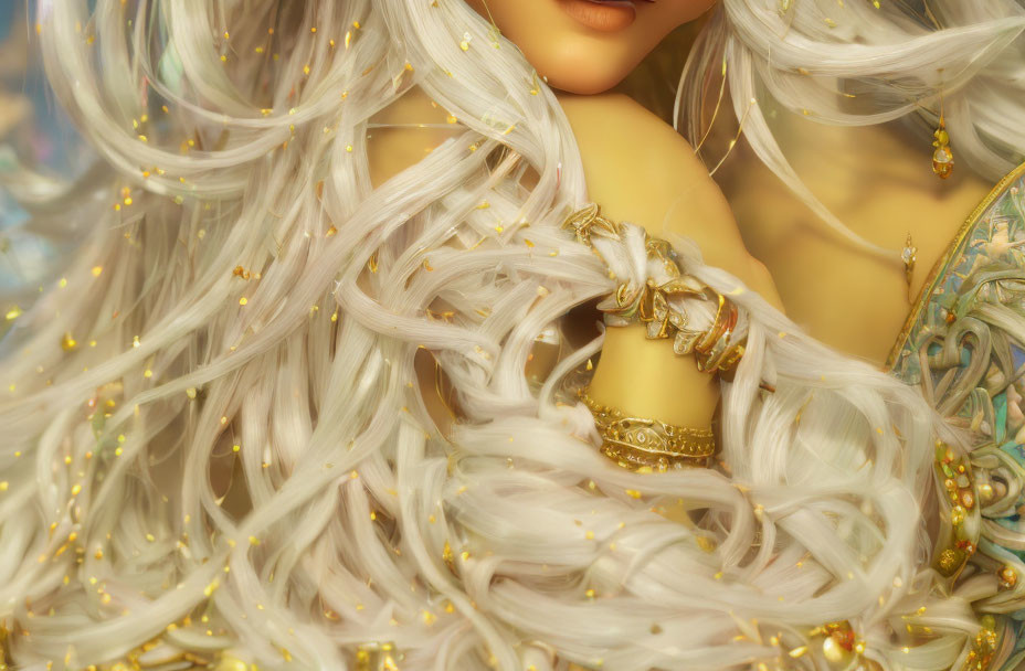 Flowing platinum blonde hair with golden accessories and subtle glimmers.