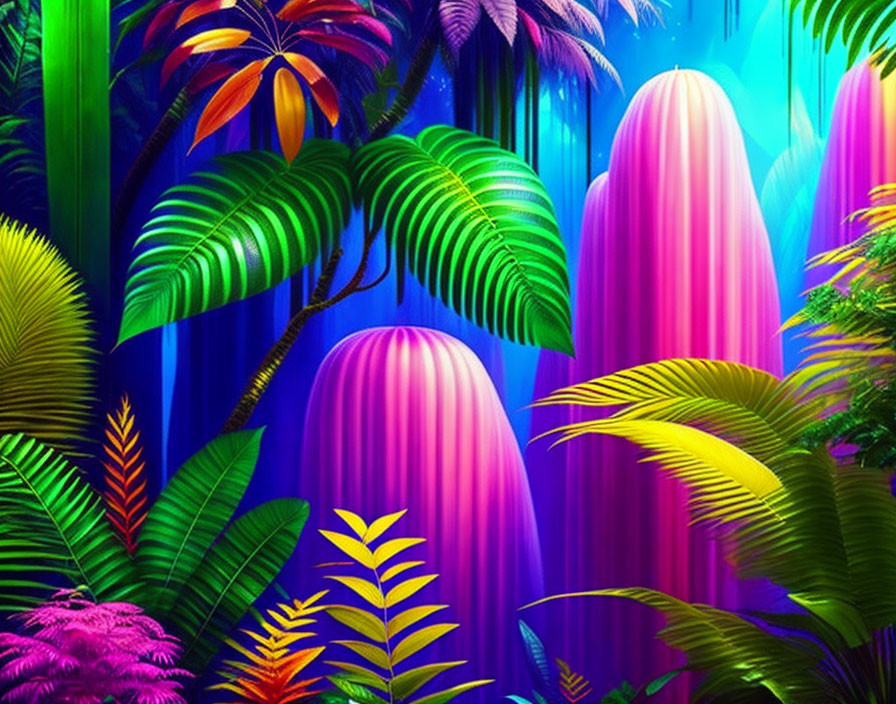 Neon-colored tropical forest with pink and blue trees