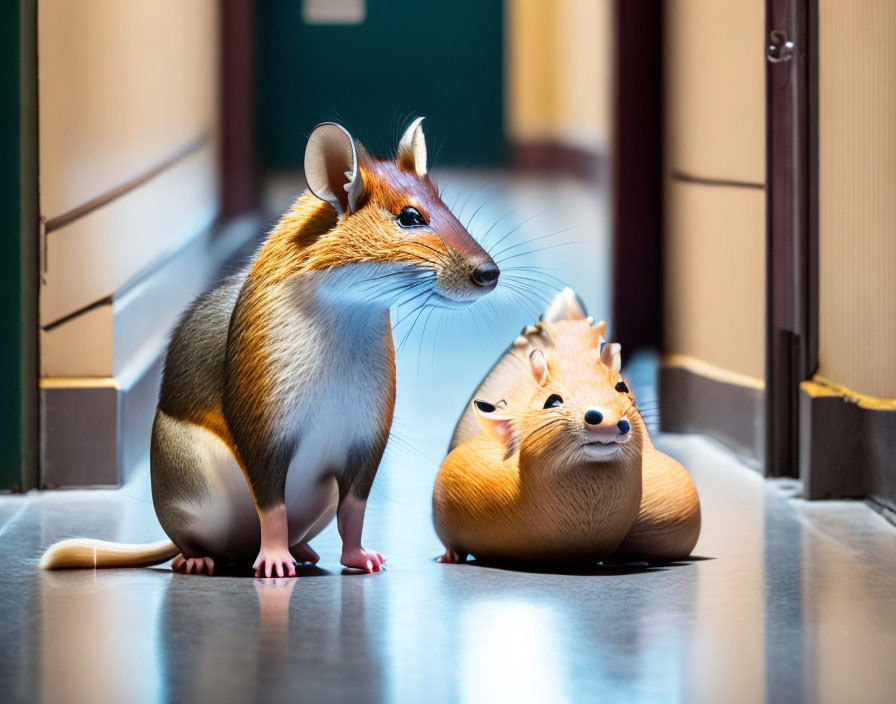 Anthropomorphic chipmunks with human-like faces in a corridor