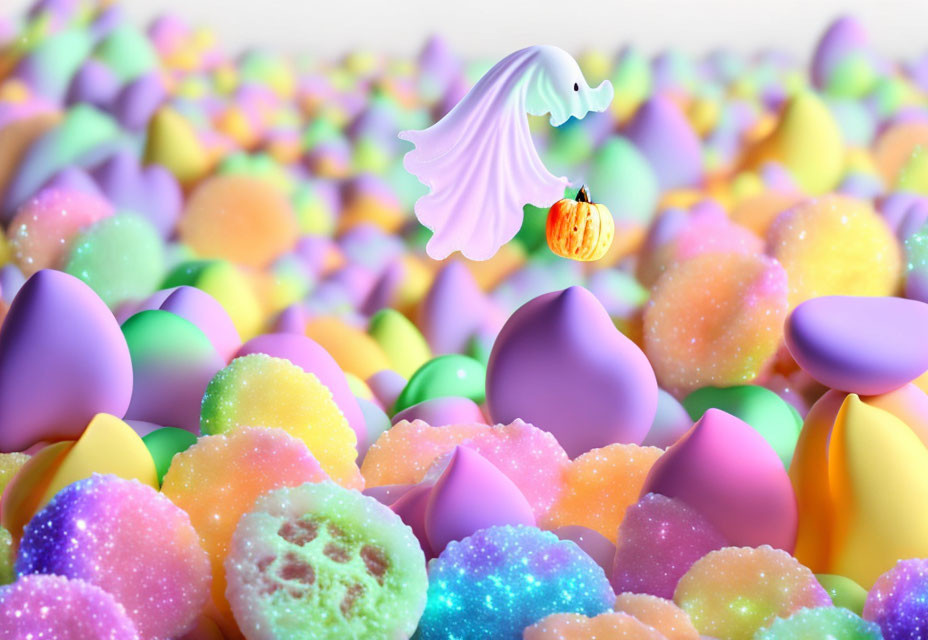 Colorful Easter eggs and candy with a playful ghost in a whimsical scene