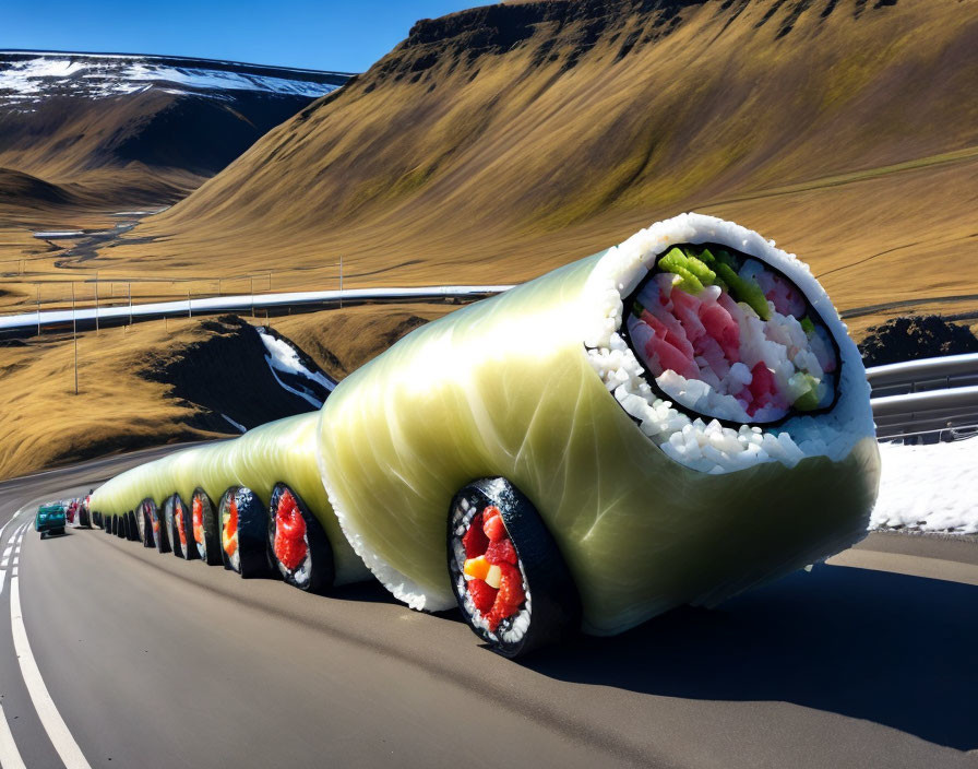 Giant Sushi Roll with Various Fillings on Mountain Road