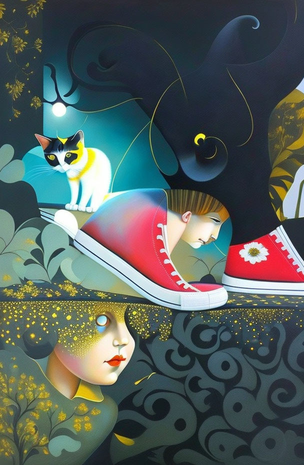 Surreal Artwork Featuring White Cat, Faces, and Abstract Designs