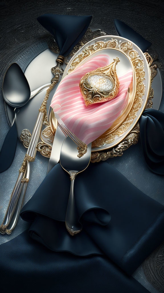 Vintage Pocket Watch on Pink Silk with Silver Cutlery and Black Satin