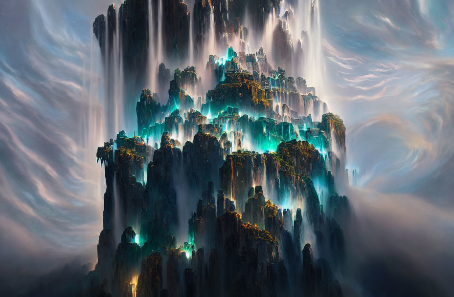 Ethereal floating mountains with cascading waterfalls and blue lights