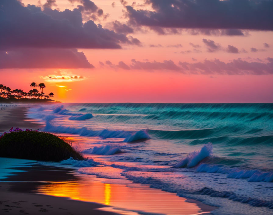 Vibrant purple and orange sunset scene at beach with rolling waves