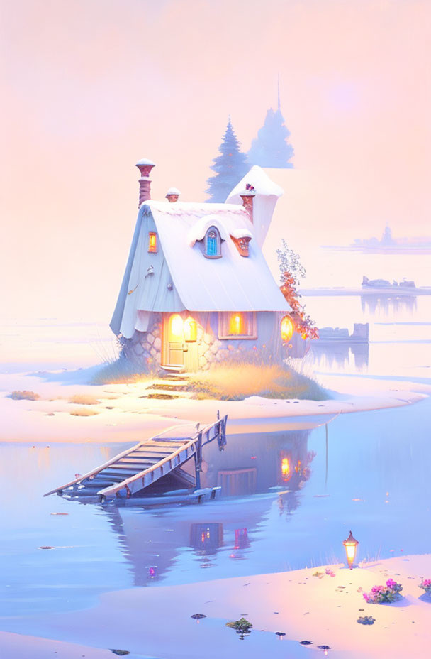 Snowy island cottage with glowing windows by tranquil lake at twilight