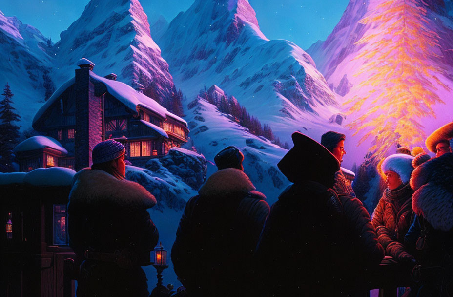 Group of People in Winter Attire Outside Cozy Cottage in Snowy Mountain Landscape