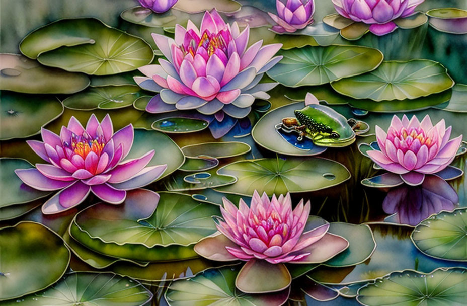 Tranquil pond scene with pink water lilies, green lily pads, and a frog.